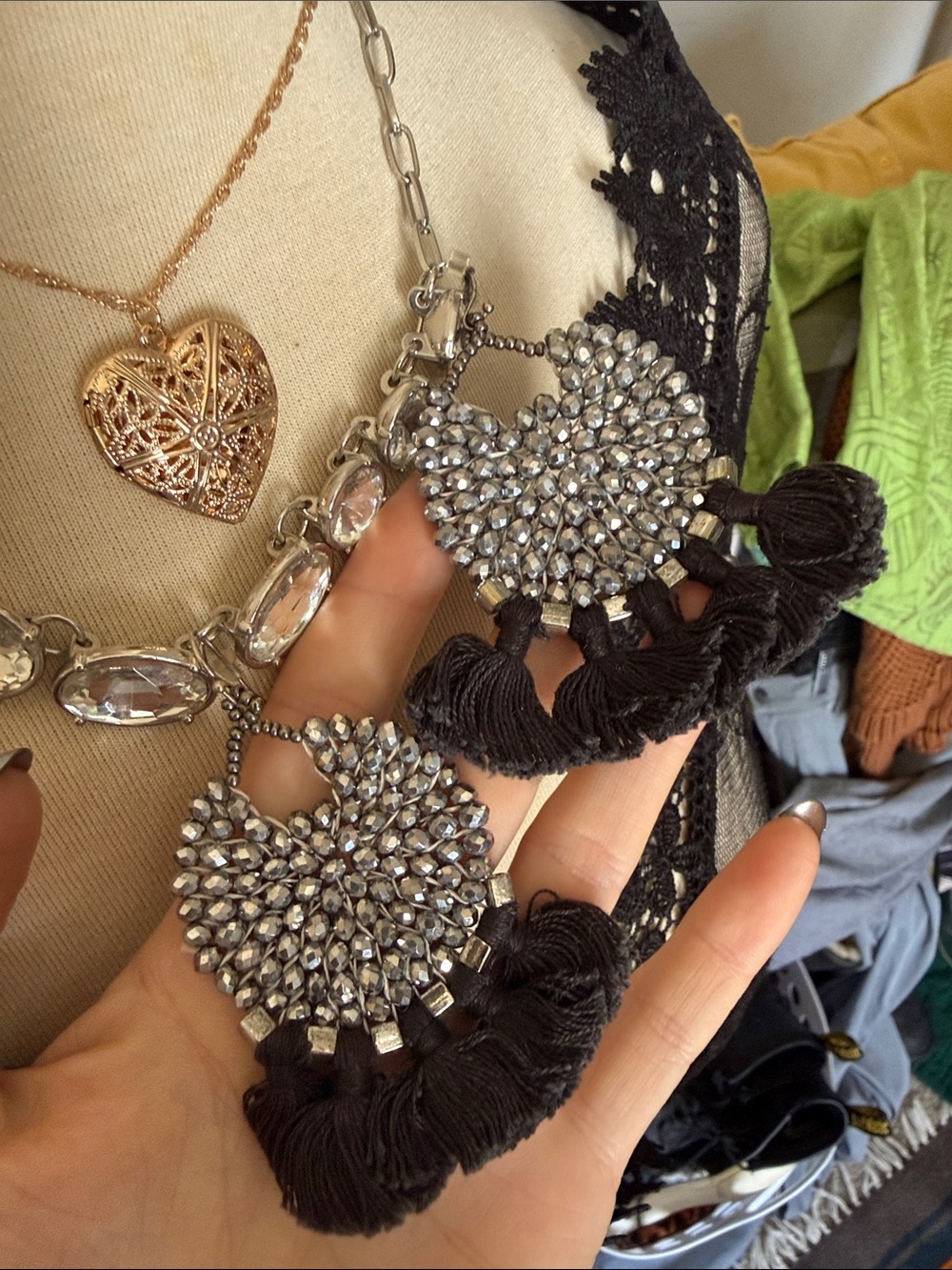 Sparkling Crystal weave Black Tassel Statement Earrings